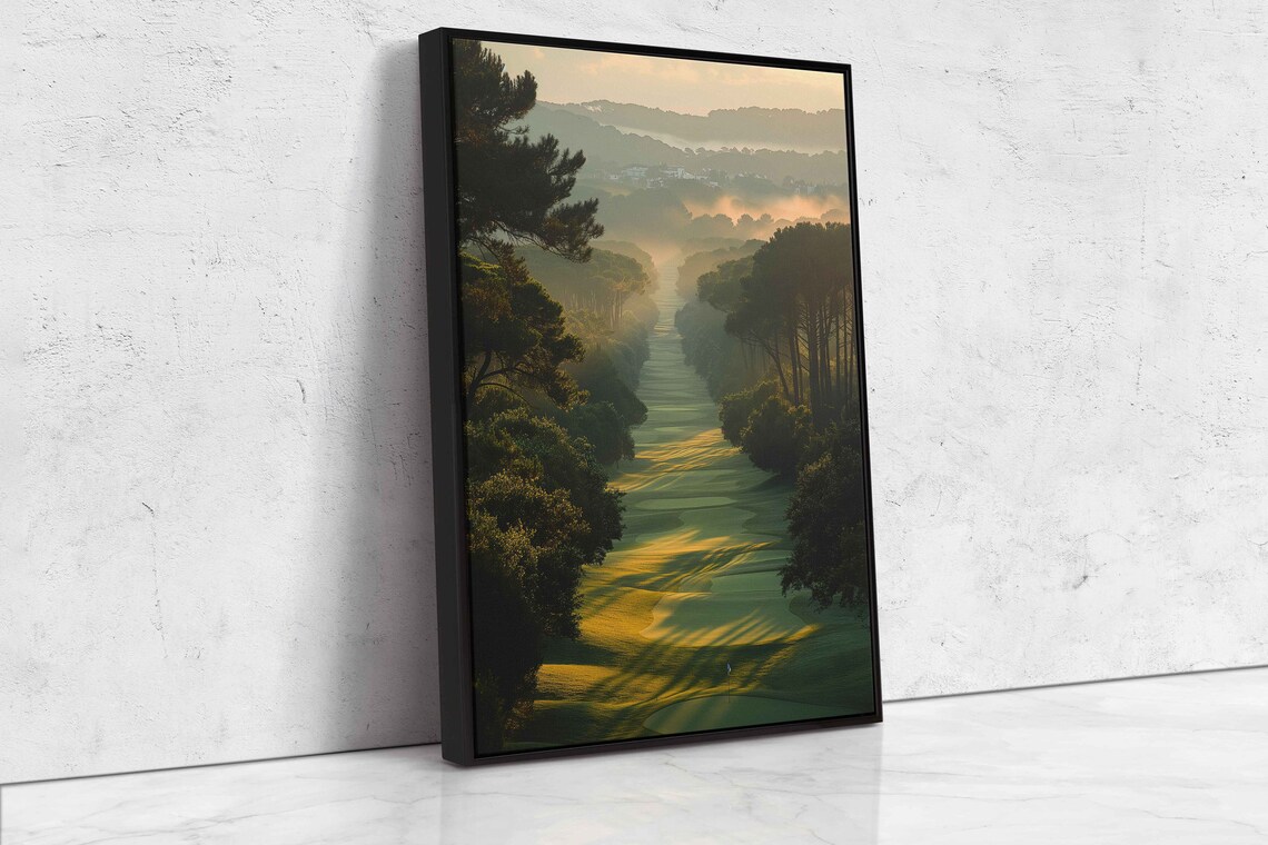 Sunlit Golf Course, Misty Forest Landscape Print - Image 4