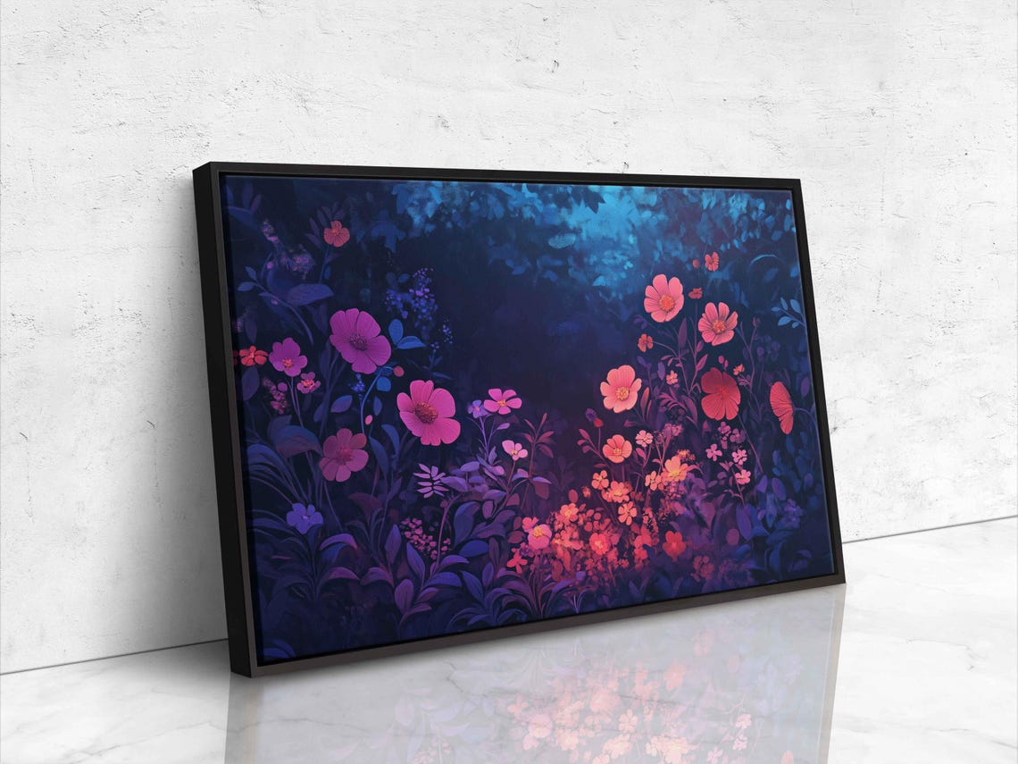Neon Pink Flowers Twilight Garden Dark Blue Bloom Painting Poster - Image 4