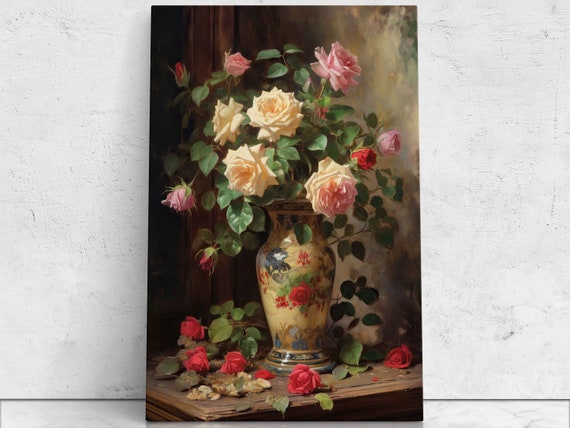 Rose Vase Modern Oil Painting Mothers Day Gift Print On Ready To Hang Gift For Mom