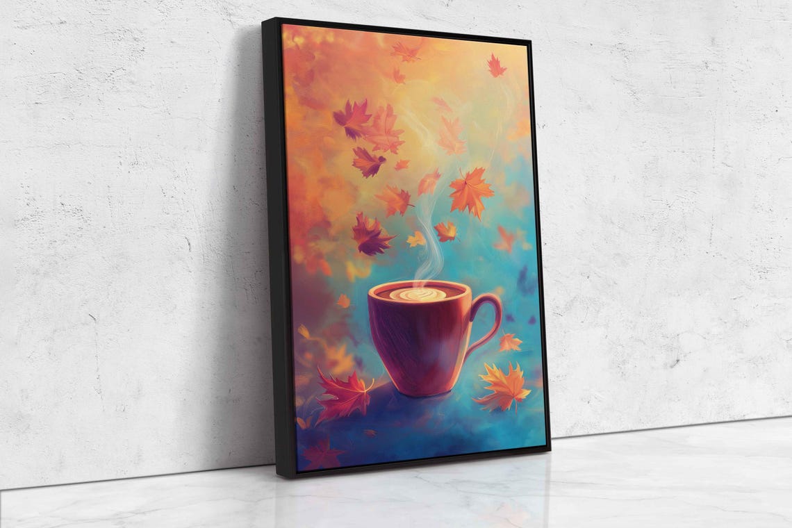 Steaming Hot Coffee Cup With Swirling Autumn Leaves Art Poster - Image 4