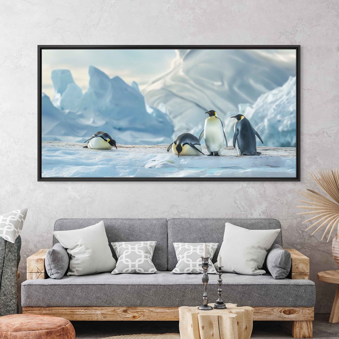 Emperor Penguins On Ice With Glacier Peaks Behind Photo Poster