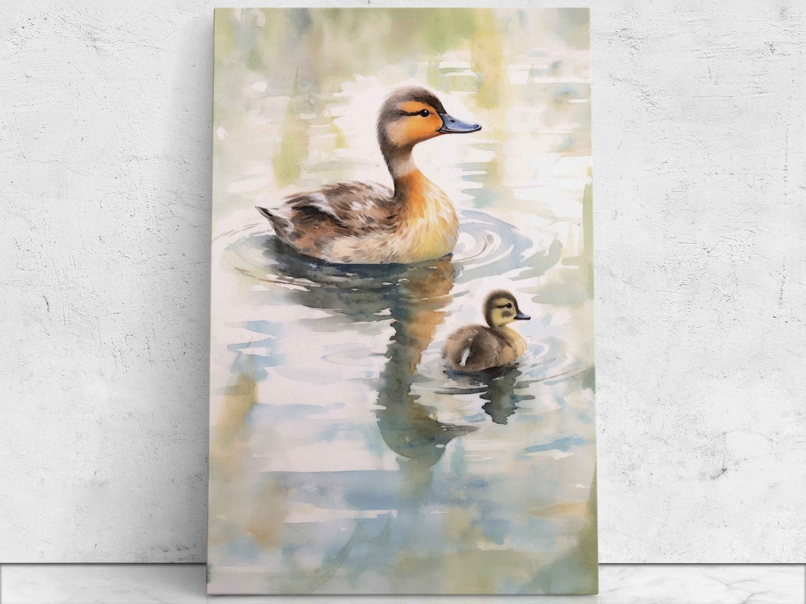 Mama Duck and Duckling Closeup Watercolor Soft Pond Wildlife Poster