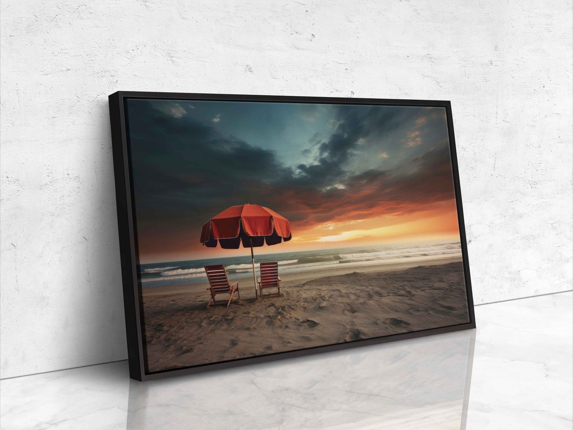 Red Beach Umbrella And Two Chairs At Sunset Over Ocean Waves Poster - Image 4