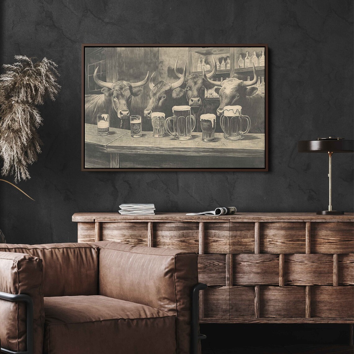 Longhorn Cows at the Bar, Pub Animal Art Print