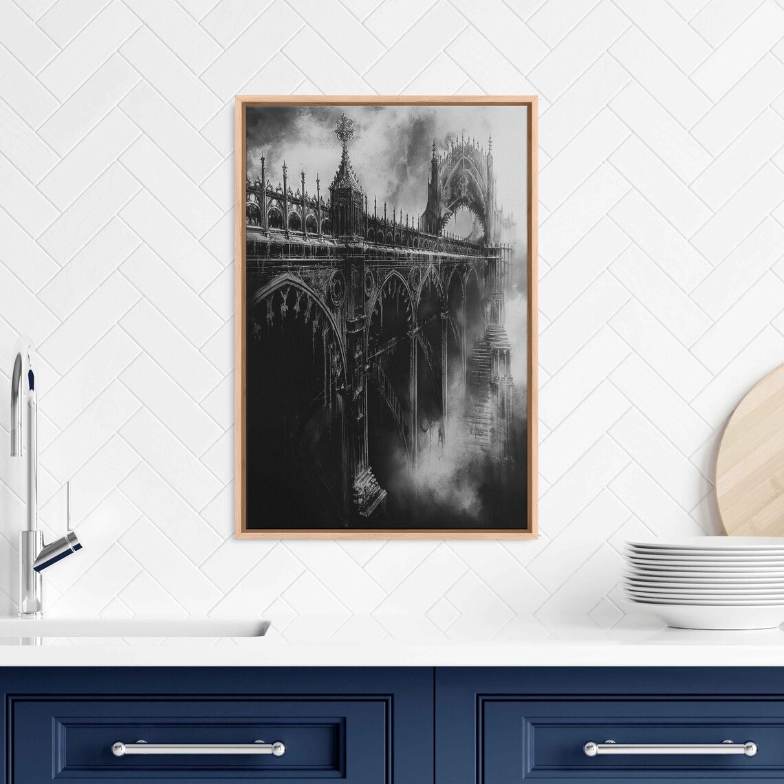 Gothic Bridge Over Foggy Water Dark Spires Monochrome Ink Halloween Poster - Image 3