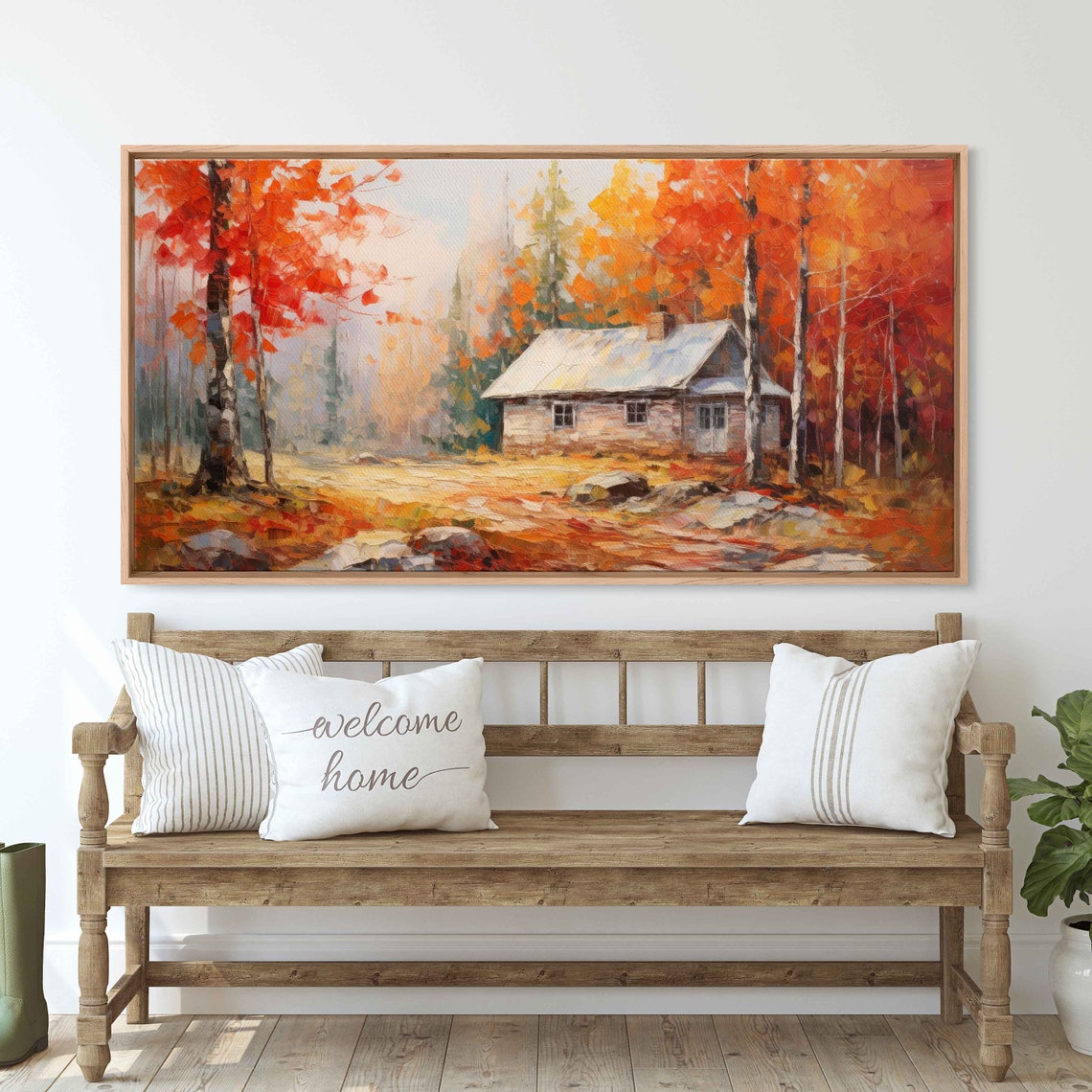 Autumn Cabin Birch Trees Red Orange Foliage Forest Impressionist Print - Image 3