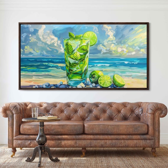Tropical Majito Painting Ocean Waves Limes And Leaves Wall Art Print Ready To Hang