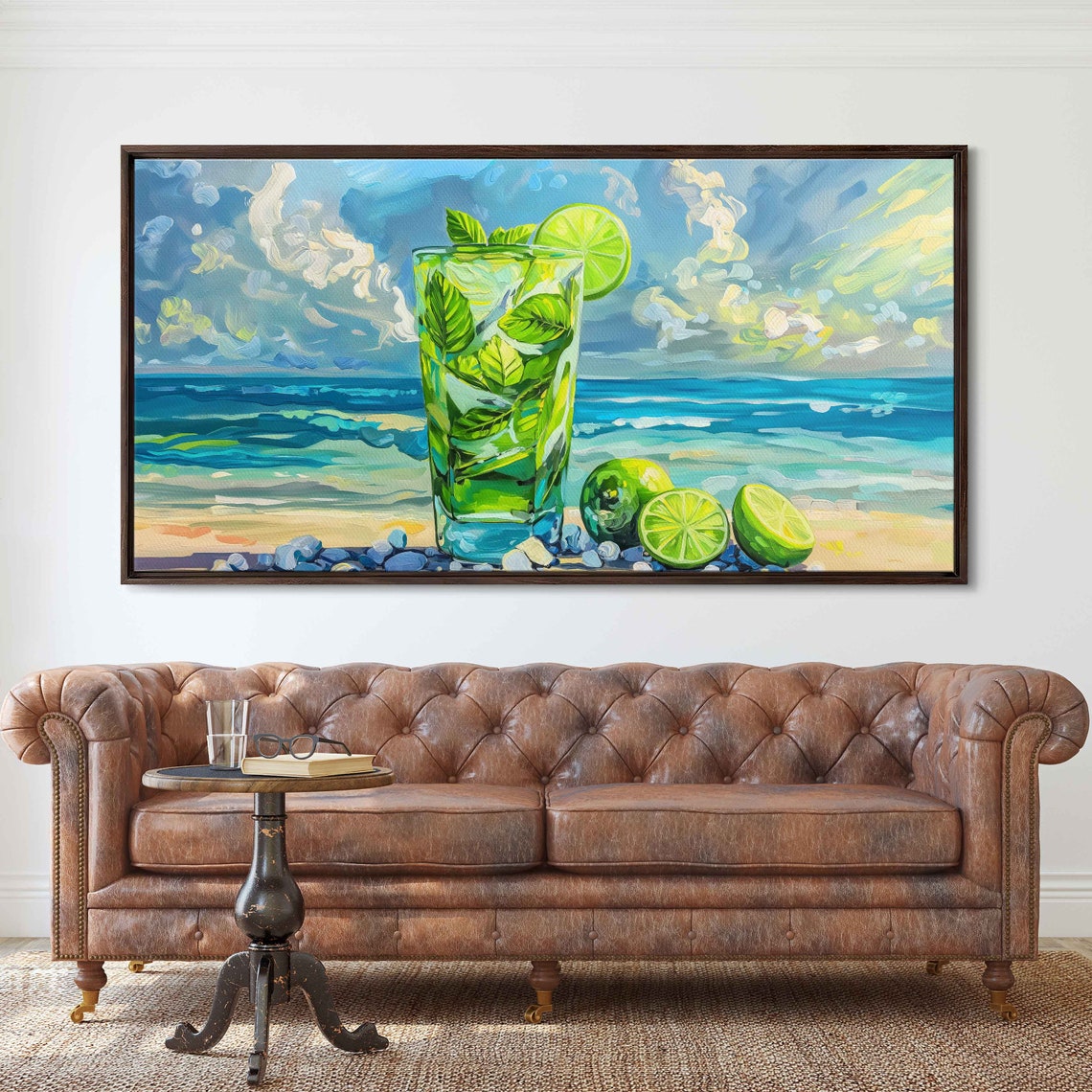 Tropical Majito Painting Ocean Waves Limes And Leaves Wall Art Print Ready To Hang
