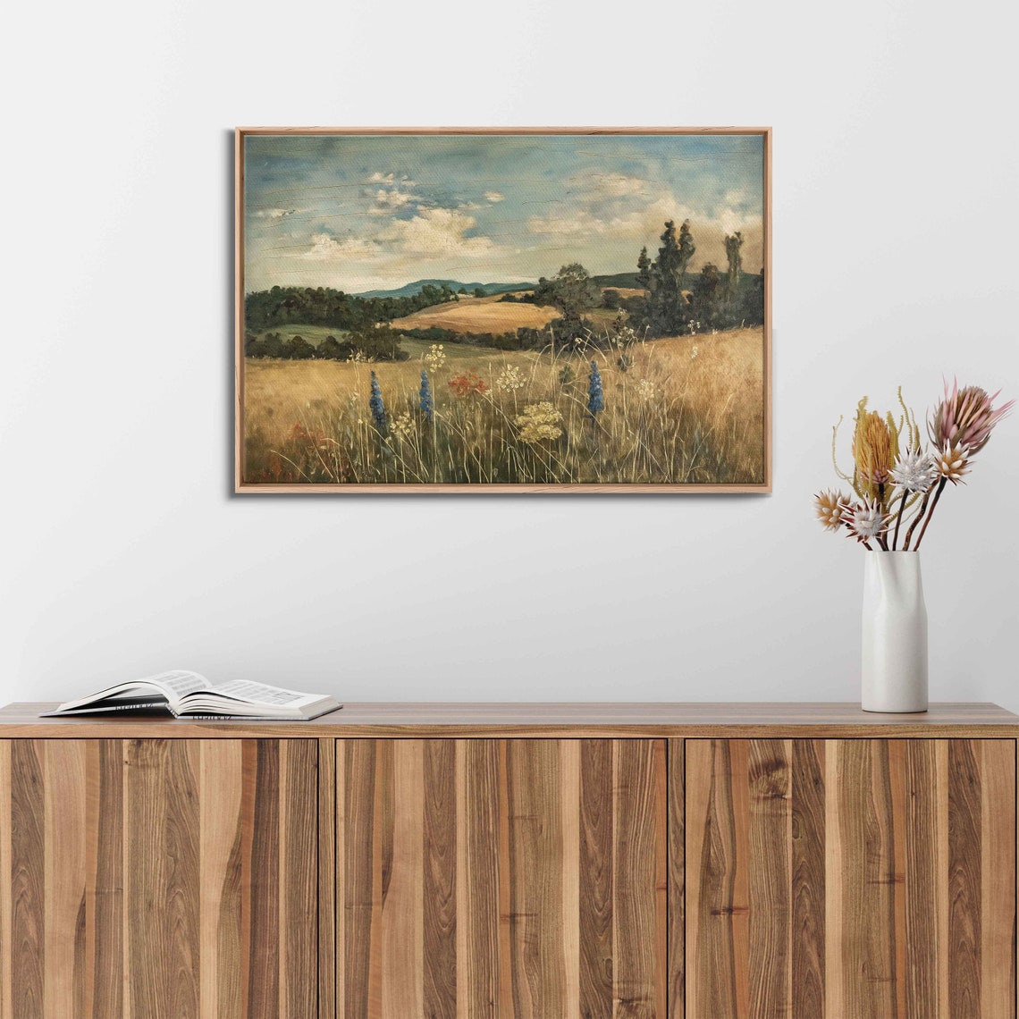 Vintage Landscape Painting Lush Greenery Cloudy Blue Sky Wall Art Print Ready To Hang