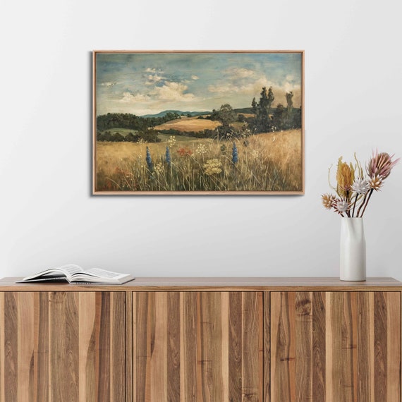 Vintage Landscape Painting Lush Greenery Cloudy Blue Sky Wall Art Print Ready To Hang