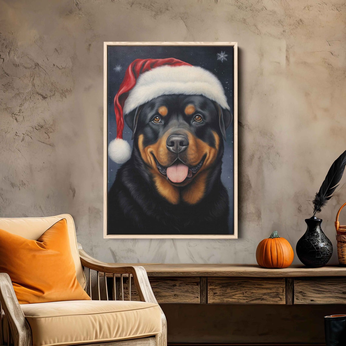Smiling Rottweiler Wearing Santa Hat Christmas Portrait Poster - Image 3
