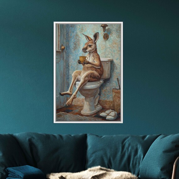Kangaroo With Teacup On Toilet Vintage Teal Bathroom Funny Poster