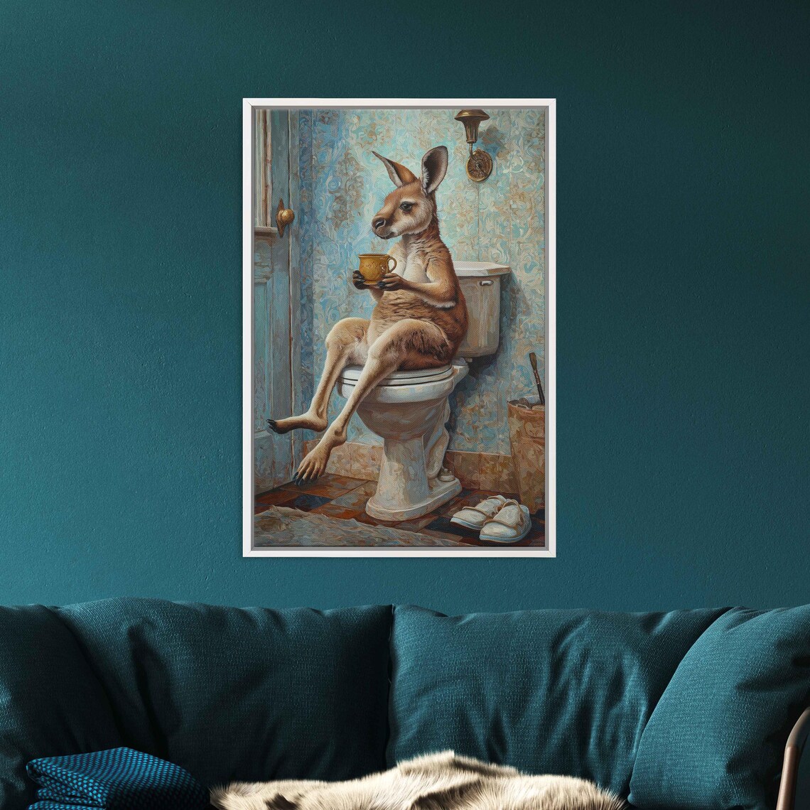 Kangaroo With Teacup On Toilet Vintage Teal Bathroom Funny Poster