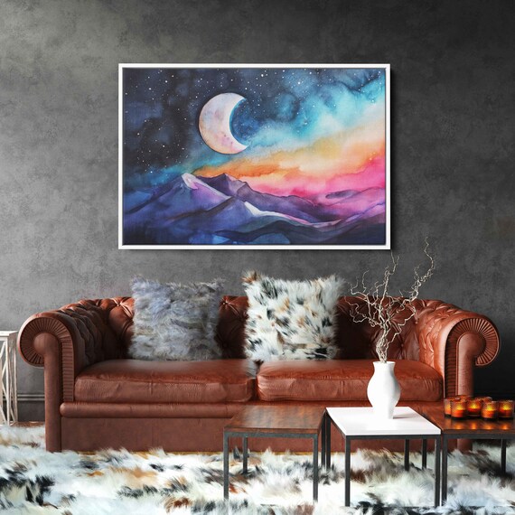 Moon In Night Sky Water Color Painting Snowy Mountains Colorful Clouds Framed Print Ready To Hang