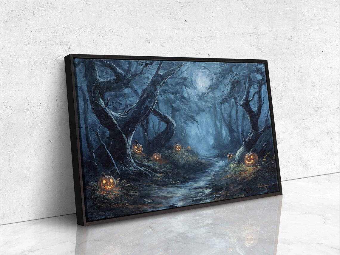 Enchanted Moonlit Forest Path With Glowing Jack O Lanterns Blue Night Wall Art - Image 4