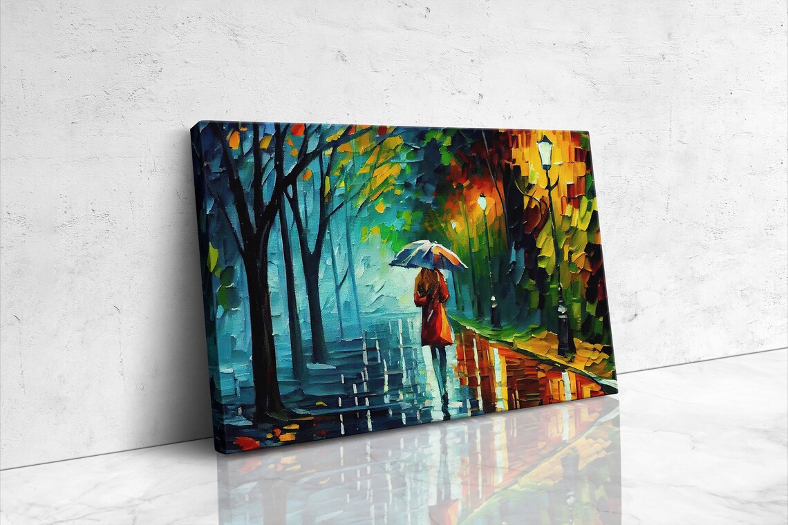 Woman Walking With Umbrella, Vibrant Oil Painting Print - Image 4