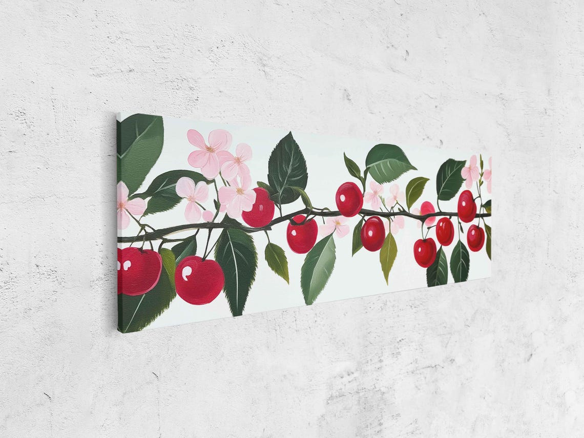 Red Cherries Pink Blossoms Branch Wide Panoramic Botanical Art Poster - Image 4