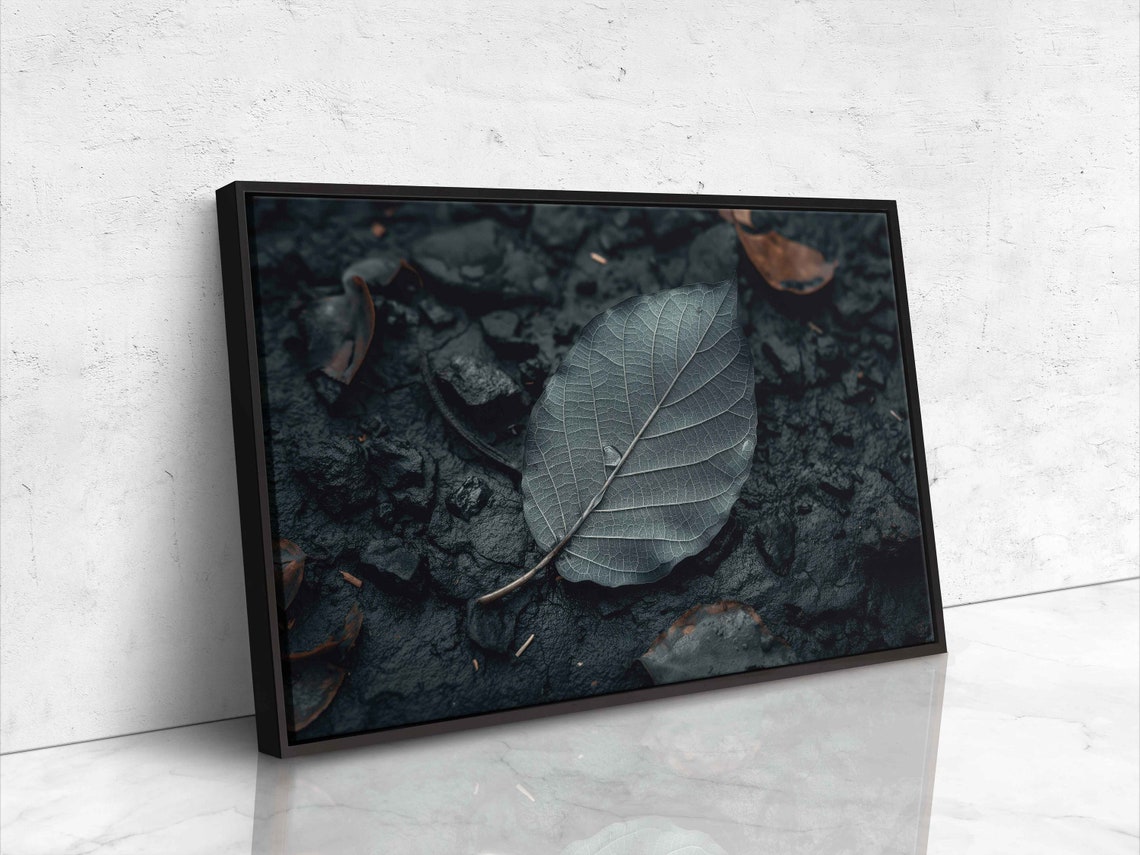 Dark Moody Leaf On Wet Black Soil Close Up Nature Photo Poster - Image 4