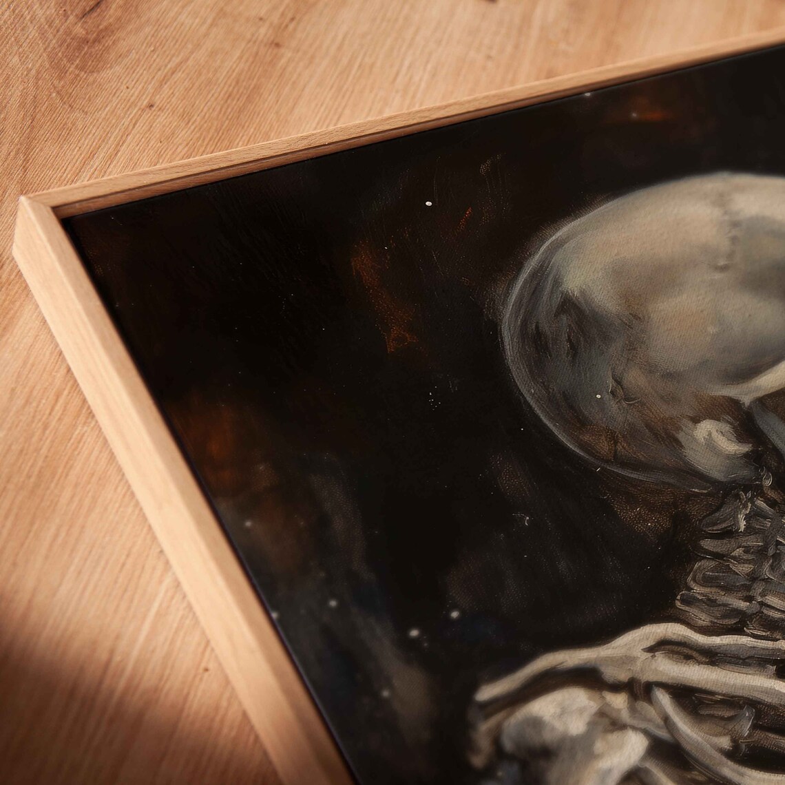 Skeleton Eating Pizza, Halloween Oil Painting Art Print - Image 2