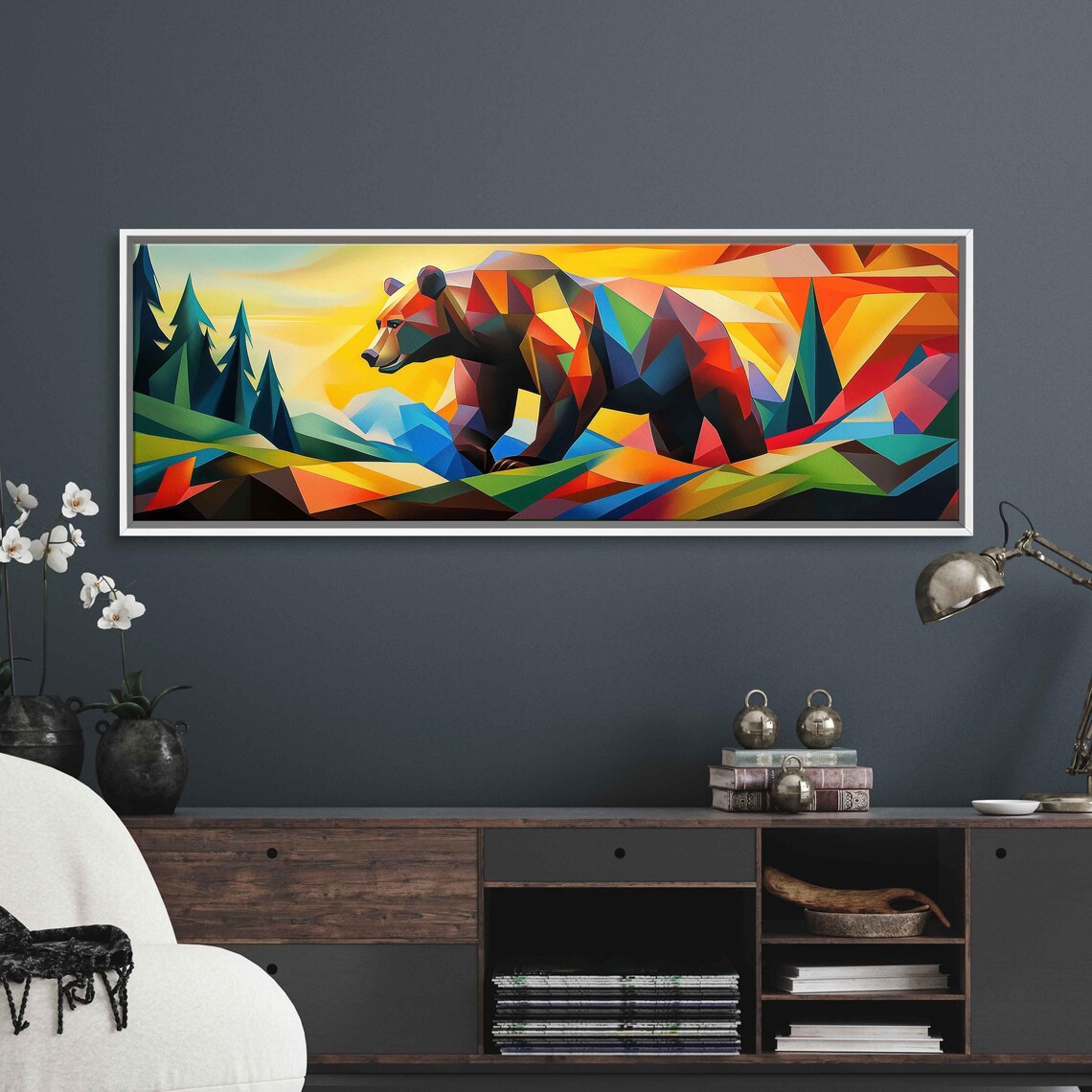 Geometric Grizzly Bear Panoramic Art Colorful Cubist Sunset Mountain Landscape Poster