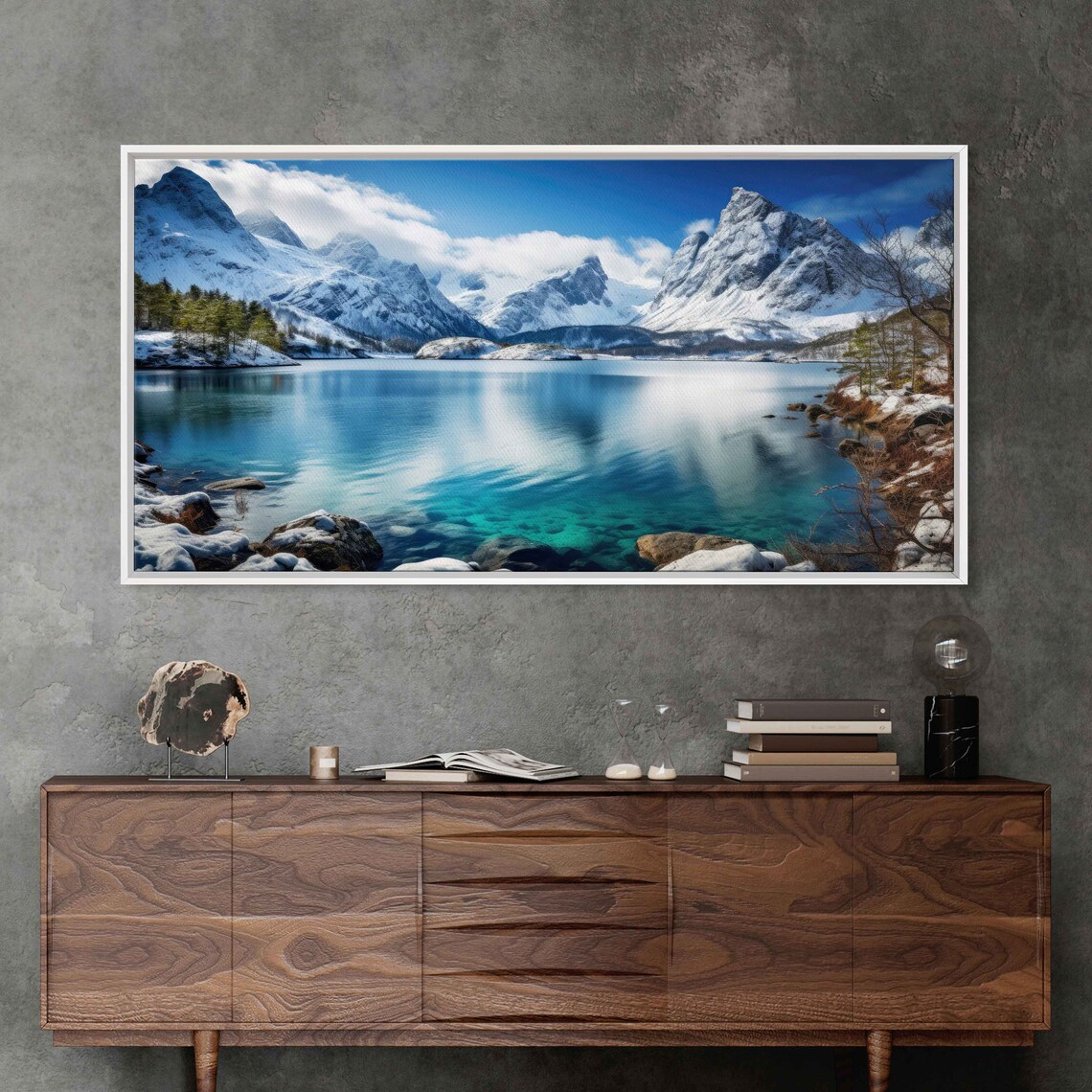 Serene Lakeside Vista Panoramic Wall Art Lake And Snowy Mountains Framed Print Ready To Hang - Image 3