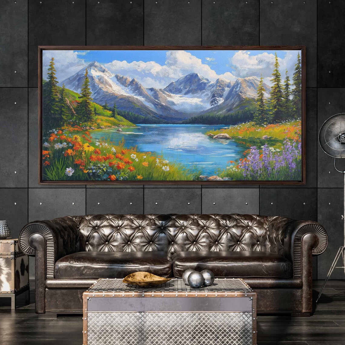 Snowcapped Mountains Above Wildflower Lake with Pine Trees Landscape Poster