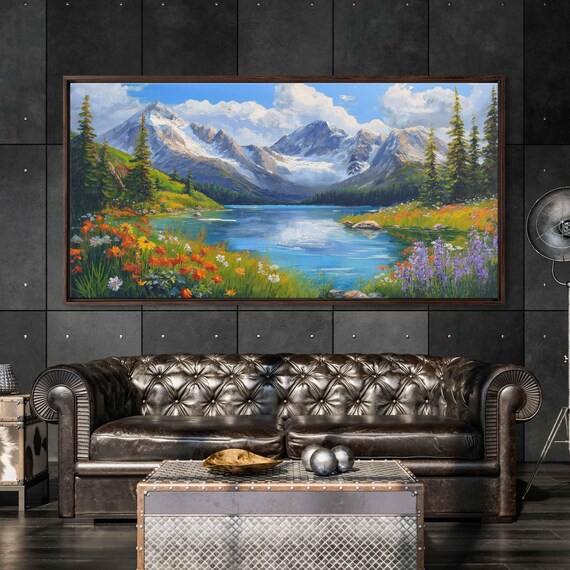 Snowcapped Mountains Above Wildflower Lake with Pine Trees Landscape Poster