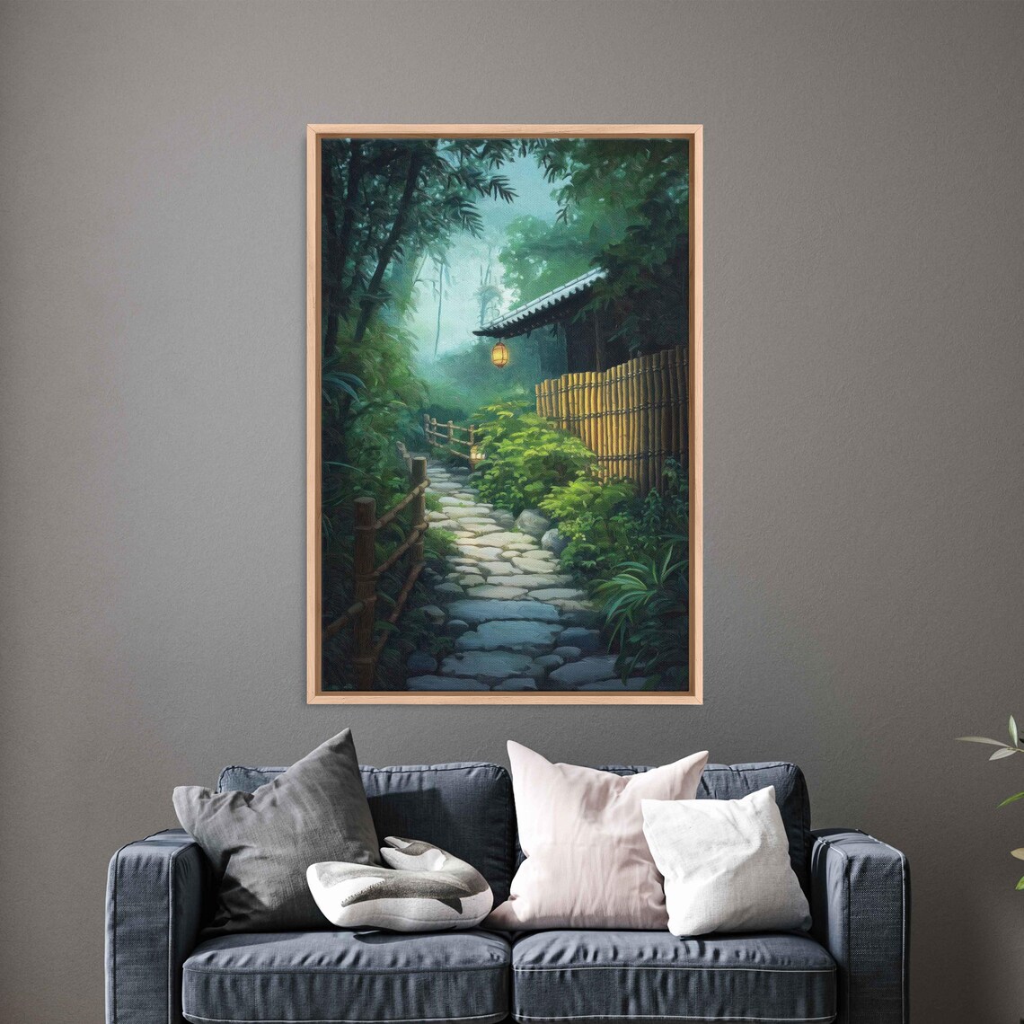 Japanese Zen Garden Stone Path Bamboo Fence Tea House Misty Morning Tranquil Poster