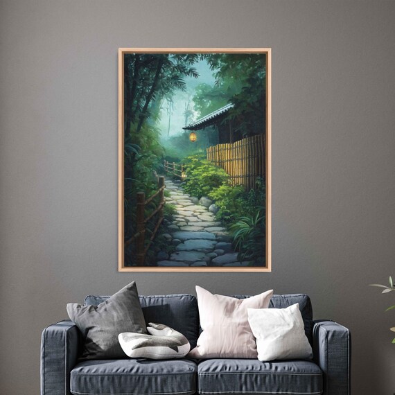 Japanese Zen Garden Stone Path Bamboo Fence Tea House Misty Morning Tranquil Poster