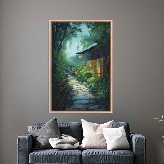 Traditional Japanese Zen Garden Scene Wall Art Print Bamboo Fences Tranquil Tea House