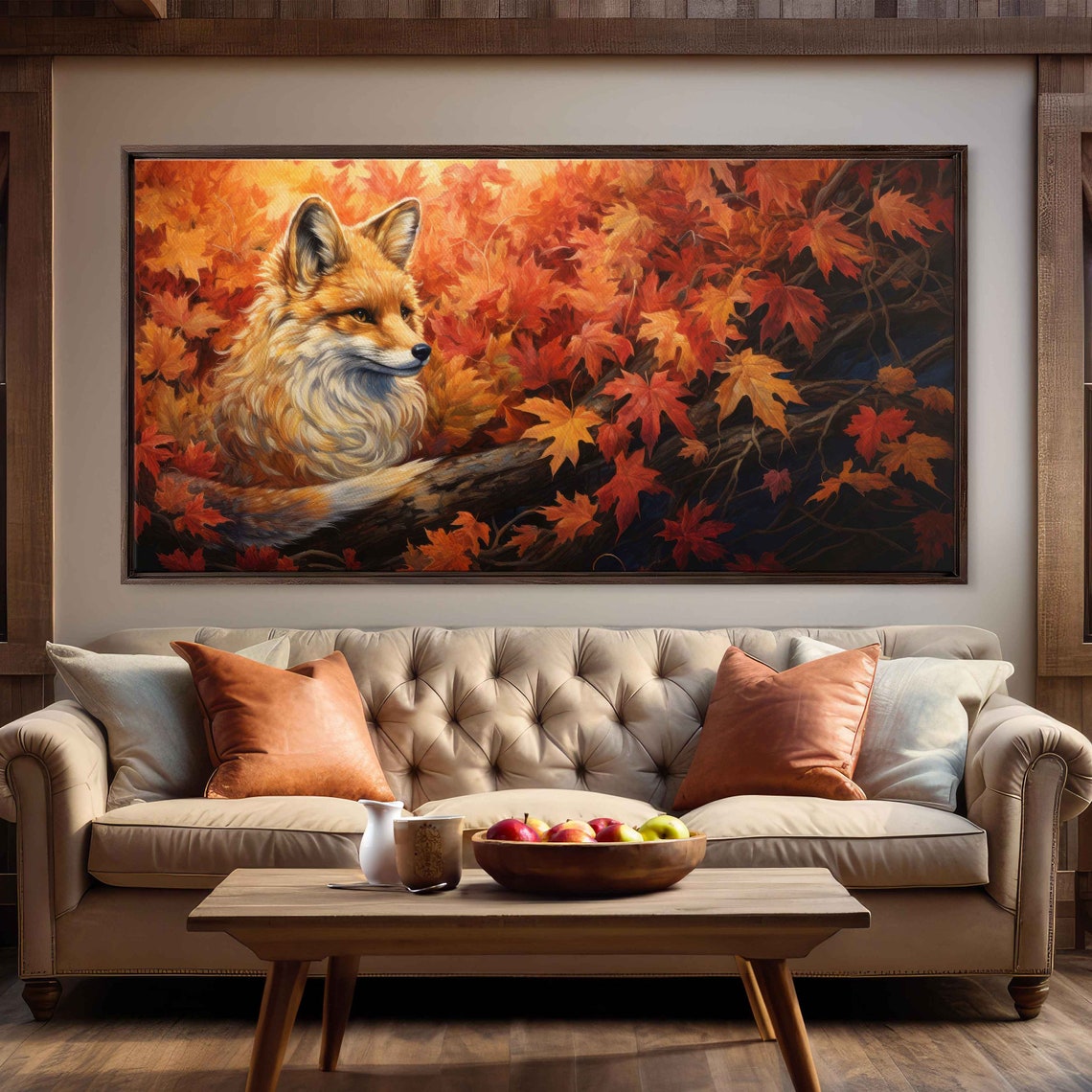 Fox Resting Autumn Maple Leaves Red Foliage Panoramic Wall Art