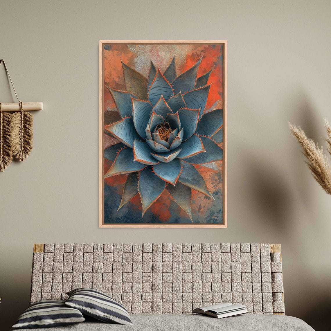Blue Agave Rosette Close-Up With Fiery Orange Background Print - Image 3
