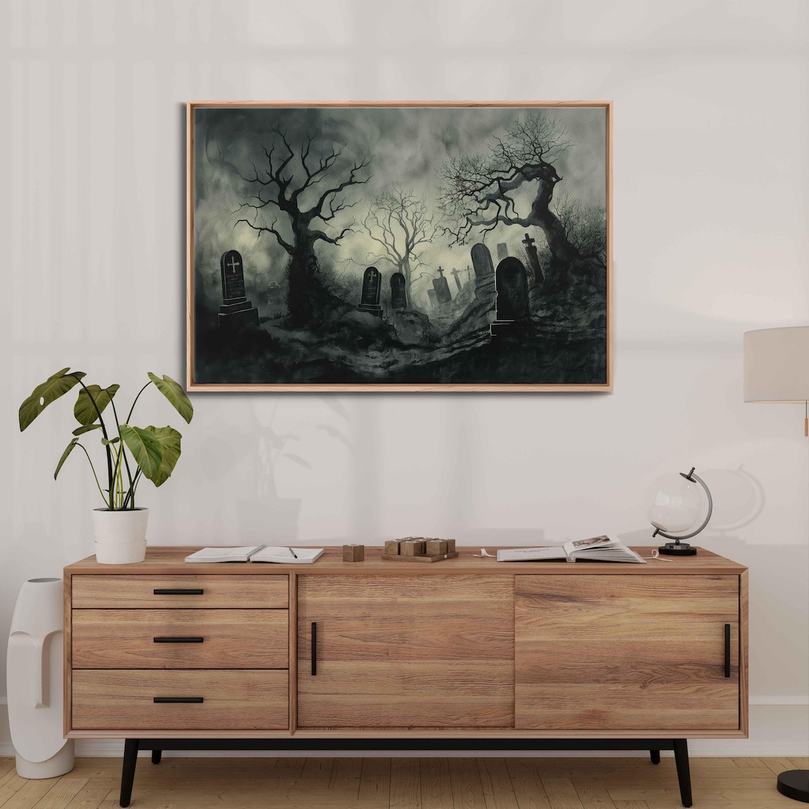 Foggy Night Gothic Graveyard Twisted Trees Dark Atmospheric Wall Poster