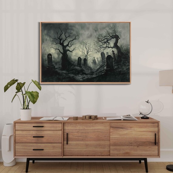 Foggy Night Gothic Graveyard Twisted Trees Dark Atmospheric Wall Poster