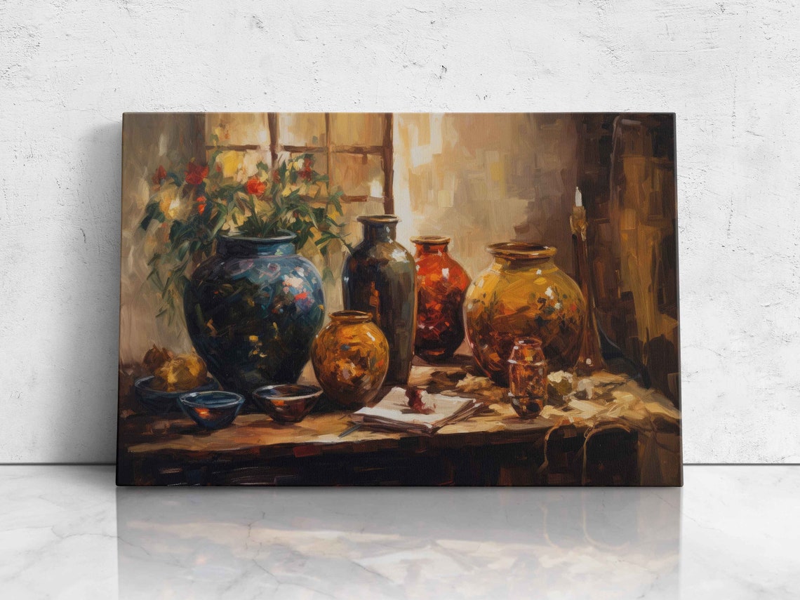 Rustic Ceramic Vases Still Life Oil Painting Kitchen Art Poster