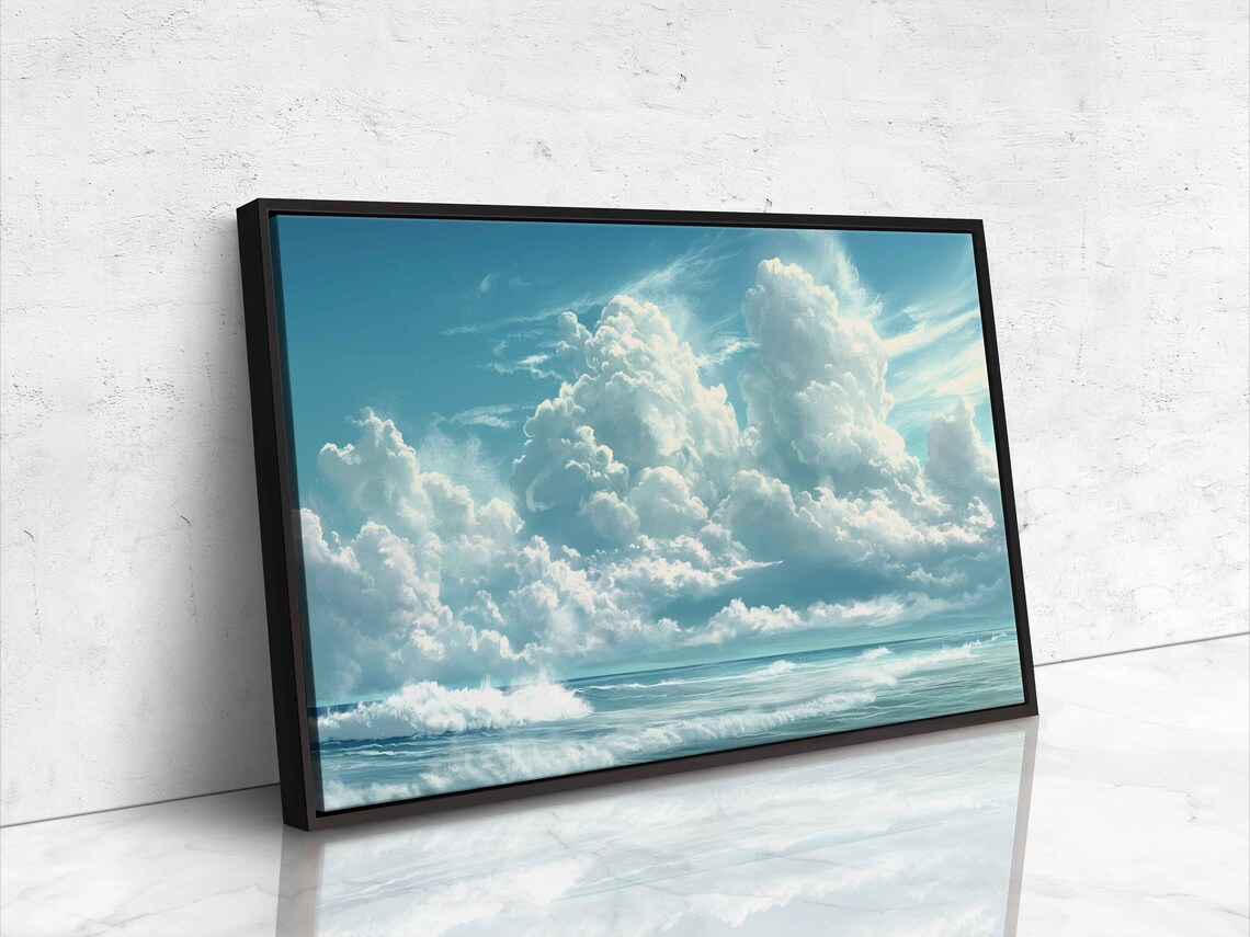 White Cumulus Clouds Turquoise Ocean Waves Calm Seascape Coastal Wall Poster - Image 4