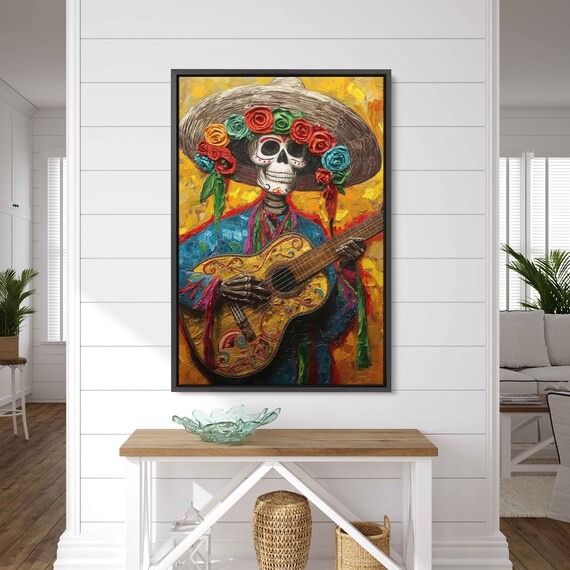 Colorful Day of the Dead Skeleton Mariachi Guitar Folk Art Canvas Poster