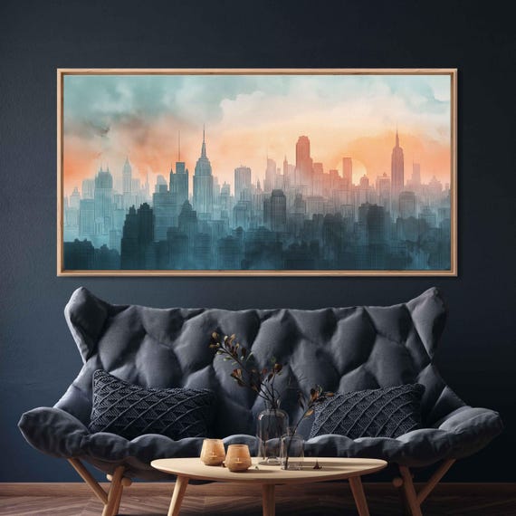 New York Skyline At Sunrise Pastel Grand Mural Wall Art Print Architecture Cloudy Skies Ready To Hang