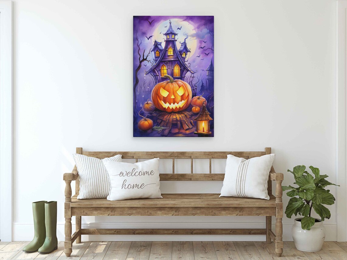 Halloween Haunted Castle Jack O Lantern Purple Sky Bats Watercolor Poster - Image 3
