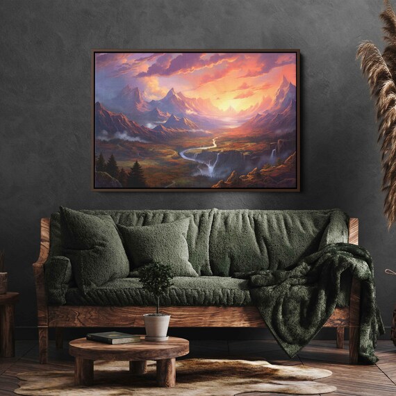 Sprawling Mountain Landscape With River During Sunset Framed Print Ready To Hang