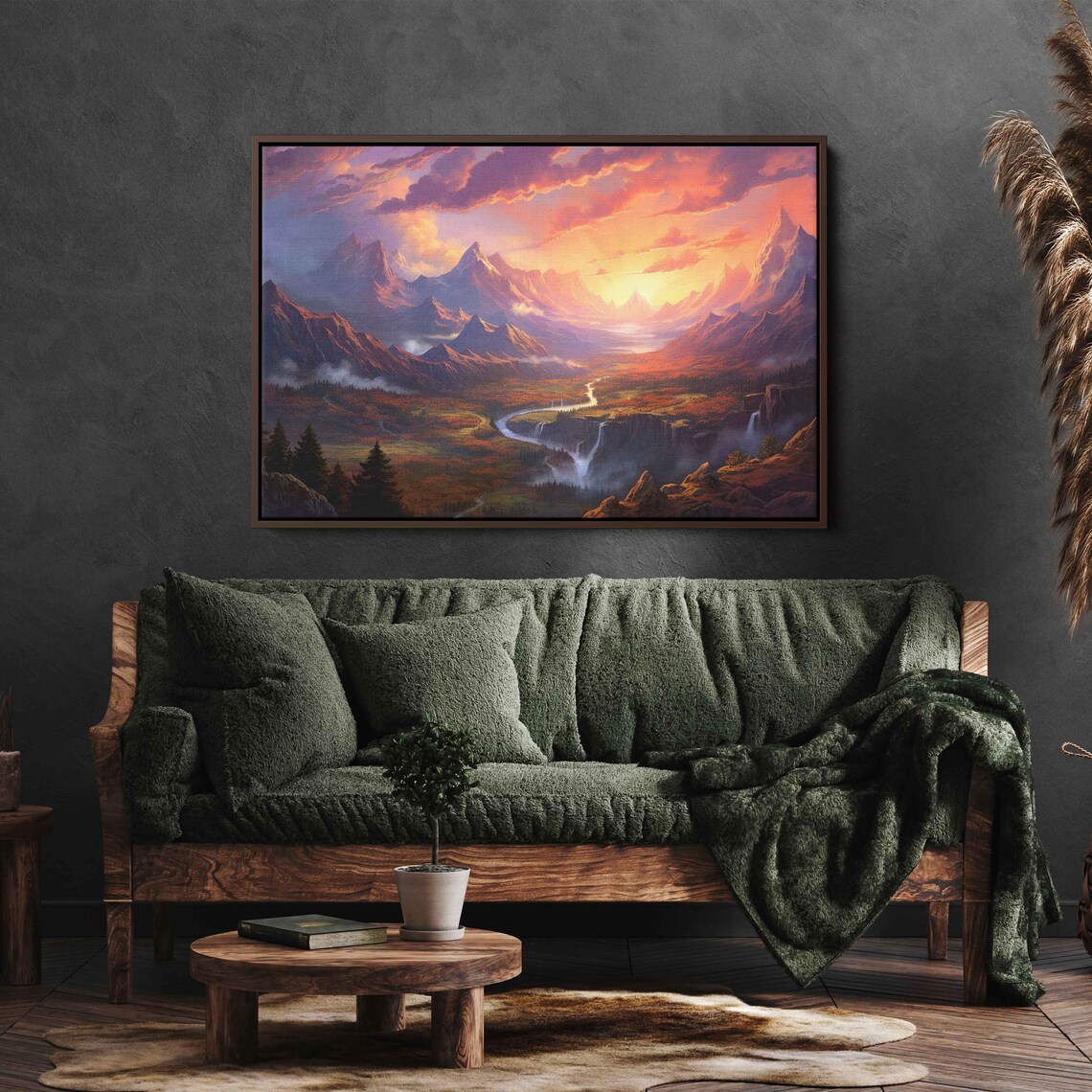 Sprawling Mountain Landscape With River During Sunset Framed Print Ready To Hang