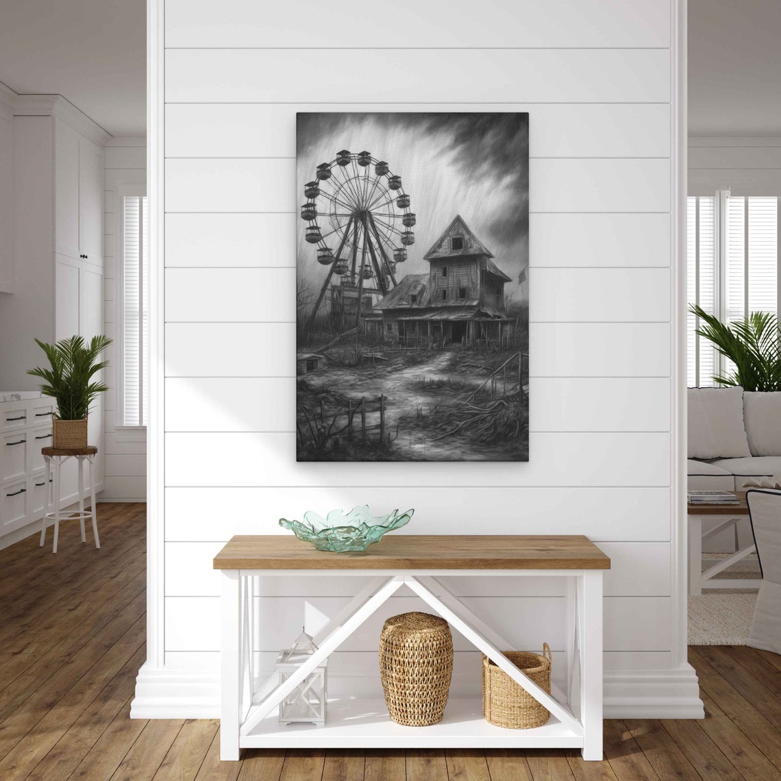 Charcoal Abandoned Ferris Wheel Wall Art Print Old Empty Farmhouse Black And White Ready To Hang - Image 3