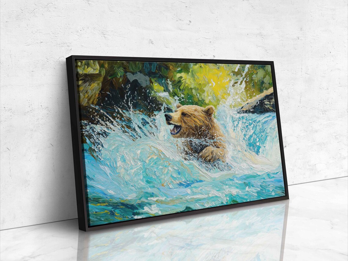 Grizzly Bear Fishing Dynamic River Splash Expressive Oil Painting Poster - Image 4