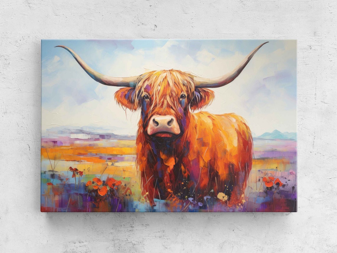 Colorful Highland Cow Palette Knife Poppies Modern Farm Art Poster