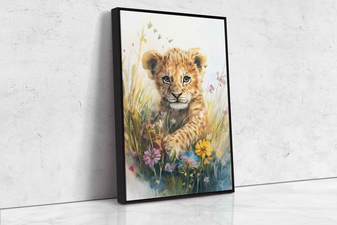 Playful Lion Cub In Wildflower Meadow Watercolor Cheerful Nursery Poster - Image 4