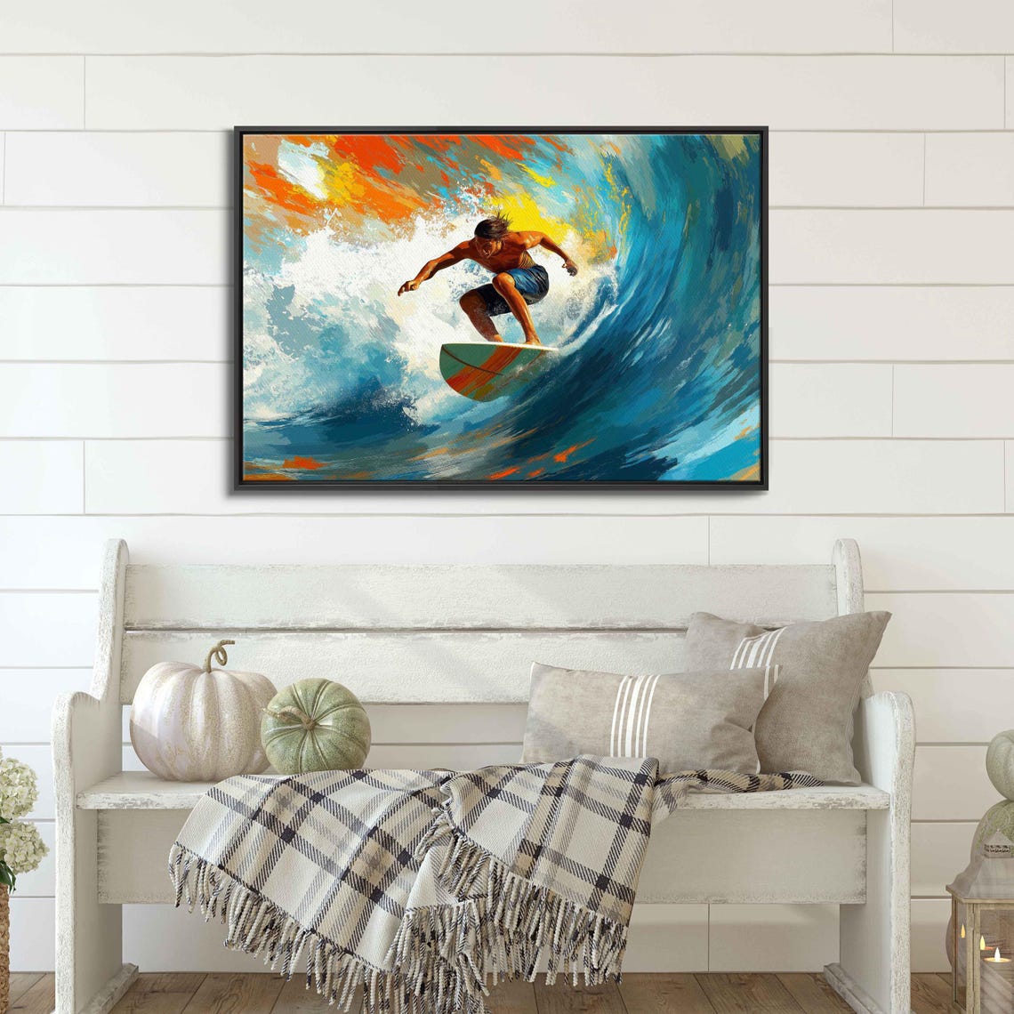Surfer Catching Wave During Sunset Wall Art Print Gift For Surfer Blue Water Vibrant Colors Ready To Hang - Image 3