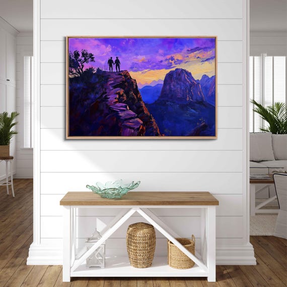 Angels Landing Trail Wall Art Print Twilight Sky Hikers Silhouette Purple Blue Landscape
