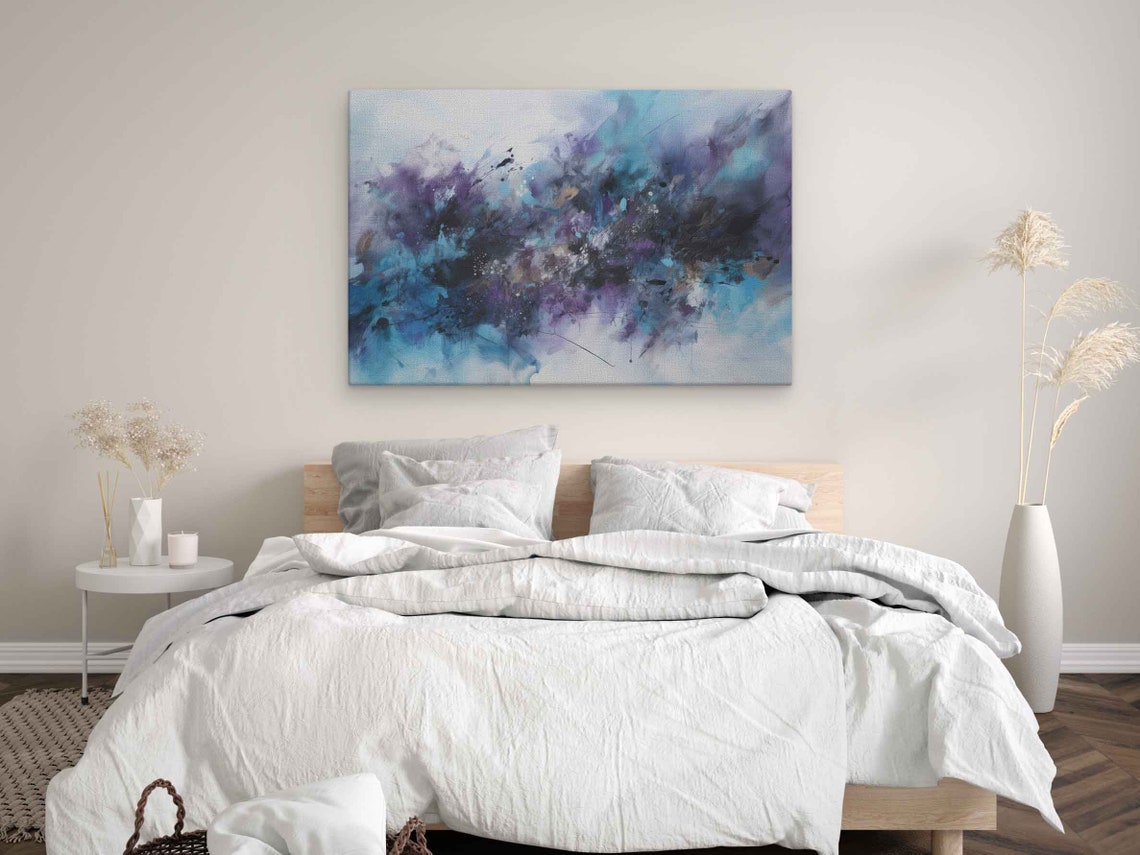 Bluepurple Abstract Paint Splatter Oil Painting Framed Print On Ready To Hang Office Decor - Image 2