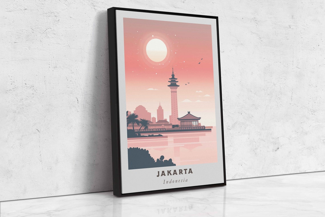 Jakarta Indonesia Waterfront Pagoda Full Moon Pink Sky Travel Poster - Image 2