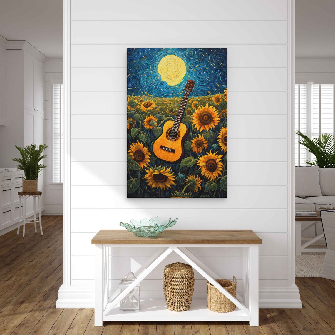 Classical Guitar in Sunflower Field Starry Night Music Art Poster - Image 3